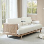 Cane Arm Solid Wood 2-Seater Fabric Sofa (Natural Finish)