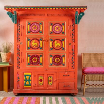 Orange Vintage Temple-Style Wooden Cupboard with Hand-Carved Detailing