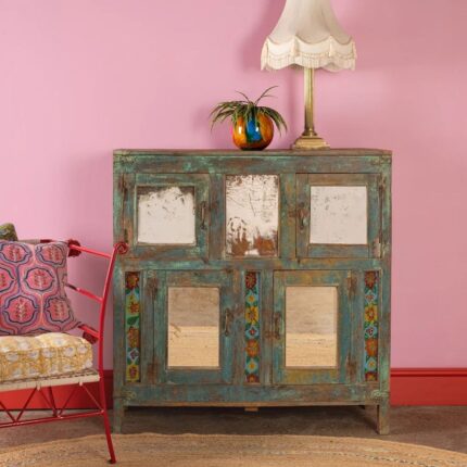 Vintage Blue Wooden Sideboard with Mirrored & Hand-Painted Glass Doors