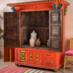 Orange Vintage Temple-Style Wooden Cupboard with Hand-Carved Detailing - Image 3