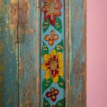 Vintage Blue Wooden Sideboard with Mirrored & Hand-Painted Glass Doors - Image 3