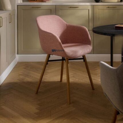 Upholstered Dining Arm Chair with Wooden Legs (Blush Pink)