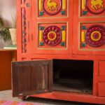 Orange Vintage Temple-Style Wooden Cupboard with Hand-Carved Detailing - Image 5