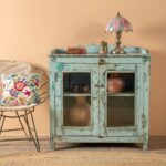 Vintage Pale Blue Wooden Cabinet with Glass Doors