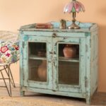 Vintage Pale Blue Wooden Cabinet with Glass Doors - Image 3