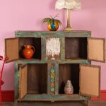 Vintage Blue Wooden Sideboard with Mirrored & Hand-Painted Glass Doors - Image 2