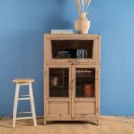 Cream Vintage Wooden Glazed Cabinet with Spiral Shelving