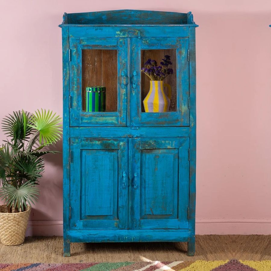 95 Blue Vintage Glazed Wooden Cupboard - Image 1
