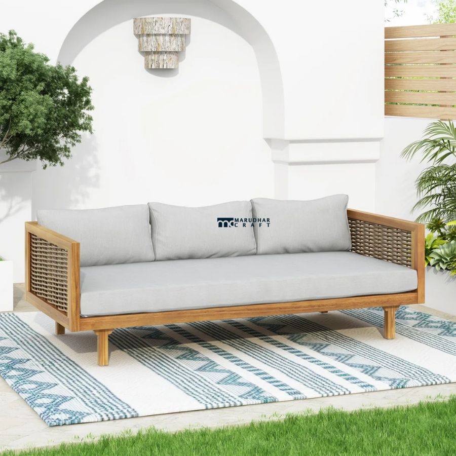 96 Outdoor Cane Arm Wooden Daybed Sofa - Image 1