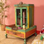 Colourful Vintage Temple Cabinet with Drawer & Glass Doors - Image 3
