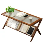 Modern Coffee Table with Glass Top and Rattan Shelf, Z-Shape Design - Image 2