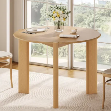 Modern Round Wooden Dining Table for 4 with 3-Leg Base – Brown Finish