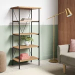 Wood & Metal Media Tower Bookcase – 5-Tier Storage Shelf in Natural Finish for Home & Office