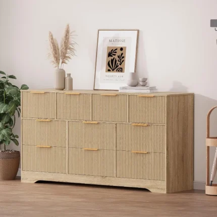Fluted Dresser with 10 Drawers – Natural Oak Tall Storage Chest