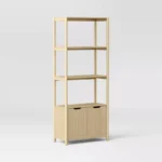 Tall Bookcase with Cabinet Storage – Natural Wood Finish Shelf Unit - Image 4