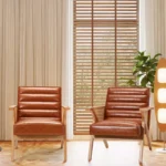 Modern Leather Accent Chair Natural Rattan Upholstered Armchair - Image 2