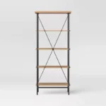Wood & Metal Media Tower Bookcase – 5-Tier Storage Shelf in Natural Finish for Home & Office - Image 4