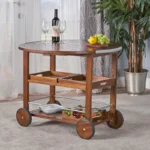 Wooden Bar Cart with Wheels – Dark Oak Brown Finish