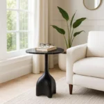 Contemporary Accent Table with Marble Top – Black Metal Side Table