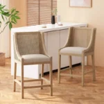 Cane Upholstered Counter Height Barstool in Beige/Natural – Rubberwood Frame with Cushioned Seat