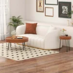 Round Coffee Table Set of 2 End Tables, Natural Pine Wood Finish for Living Room - Image 2