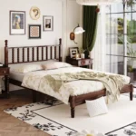 Solid Wood Platform Bed with Carved Gourd Spindle Headboard