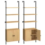 71" Ladder Bookshelf with Rattan Cabinet – Wall-Mounted Natural Wood Bookcase - Image 2