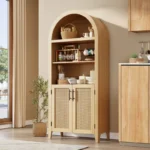 Arched Bookcase with Rattan Doors – 5-Tier Storage Shelf with Cabinet