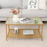 2-Tier Coffee Table with Shelf, Tempered Glass Top and Metal Frame