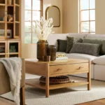 Wood Square Coffee Table with Drawer – Natural Finish