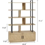 Tall Industrial 5-Tier Bookcase with Rattan Doors - Image 3