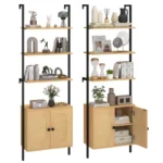 71" Ladder Bookshelf with Rattan Cabinet – Wall-Mounted Natural Wood Bookcase - Image 6