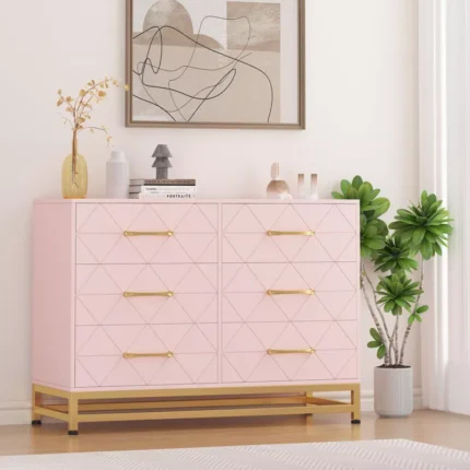 Pink 6-Drawer Tall Chest with Soft-Close Glides – Modern Wooden Storage Dresser
