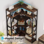 7-Tier Corner Bookshelf – Brown & Black Metal Open Shelf Storage Unit - Image 2