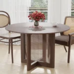 Rattan Style Round Dining Table for 4–6 People – Wooden Pedestal Base