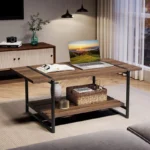 Large Wood Coffee Table with Shelf, Modern Rustic Metal Rectangle Center Table for Living Room - Image 5
