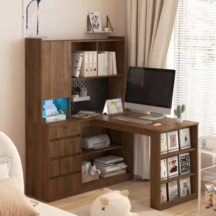 L-Shaped Corner Home Office Desk with Hutch Storage