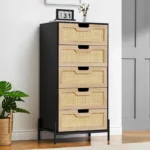 Modern Rattan Chest of 5 Drawers – Tall Storage Dresser with Metal Frame