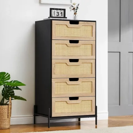 Modern Rattan Chest of 5 Drawers – Tall Storage Dresser with Metal Frame