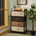 Storage 4-Tier Organizer Tower with Steel Frame & Wooden Top – Gray/Cream Drawer Unit - Image 2