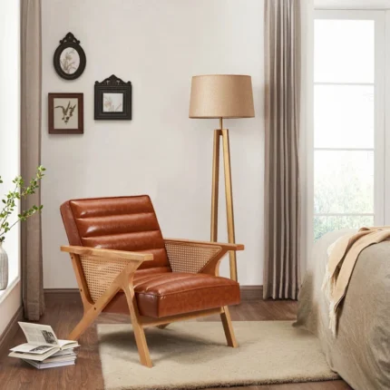 Modern Leather Accent Chair Natural Rattan Upholstered Armchair