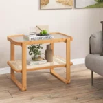 Side Table with Rattan Shelf and Glass Top – Bamboo Accent End Table