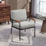 Modern Accent Chair, Armchair with Natural Wood Armrests and Black Metal Frame