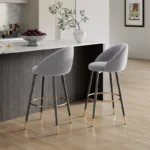 Modern Velvet Upholstered Bar Stools Set of 2 – Metal Frame with Cushioned Seat