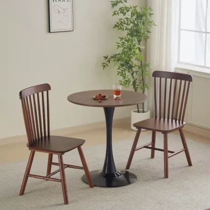 Modern Round Dining Table for 4 with Black Wood Pedestal Base – Brown Fiberboard Top