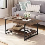 Large Wood Coffee Table with Shelf, Modern Rustic Metal Rectangle Center Table for Living Room