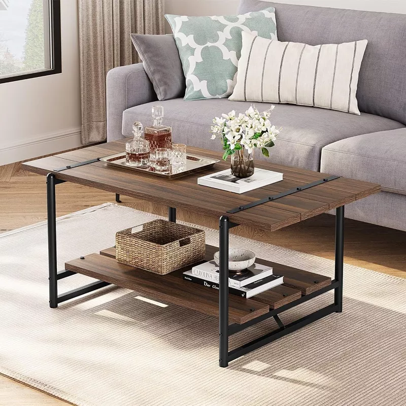 GUEST_33707f12-e8c7-4d23-b78b-e8d64581201d Large Wood Coffee Table with Shelf, Modern Rustic Metal Rectangle Center Table for Living Room - Image 1
