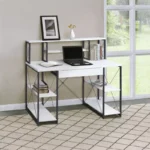 Office Desk with Open Shelves and 1 Drawer, Wooden Top & Metal Sled Base with Bookshelf