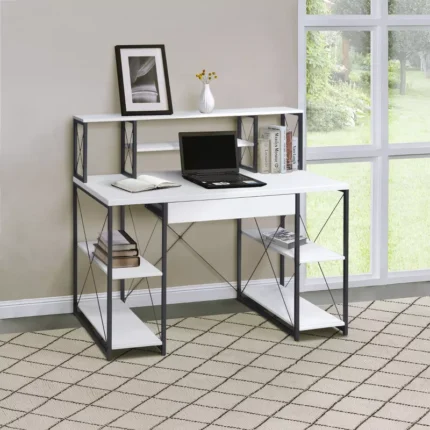 Office Desk with Open Shelves and 1 Drawer, Wooden Top & Metal Sled Base with Bookshelf