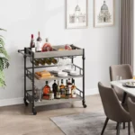 Industrial Bar Cart with Wine Rack, Glass Holder, and Removable Tray